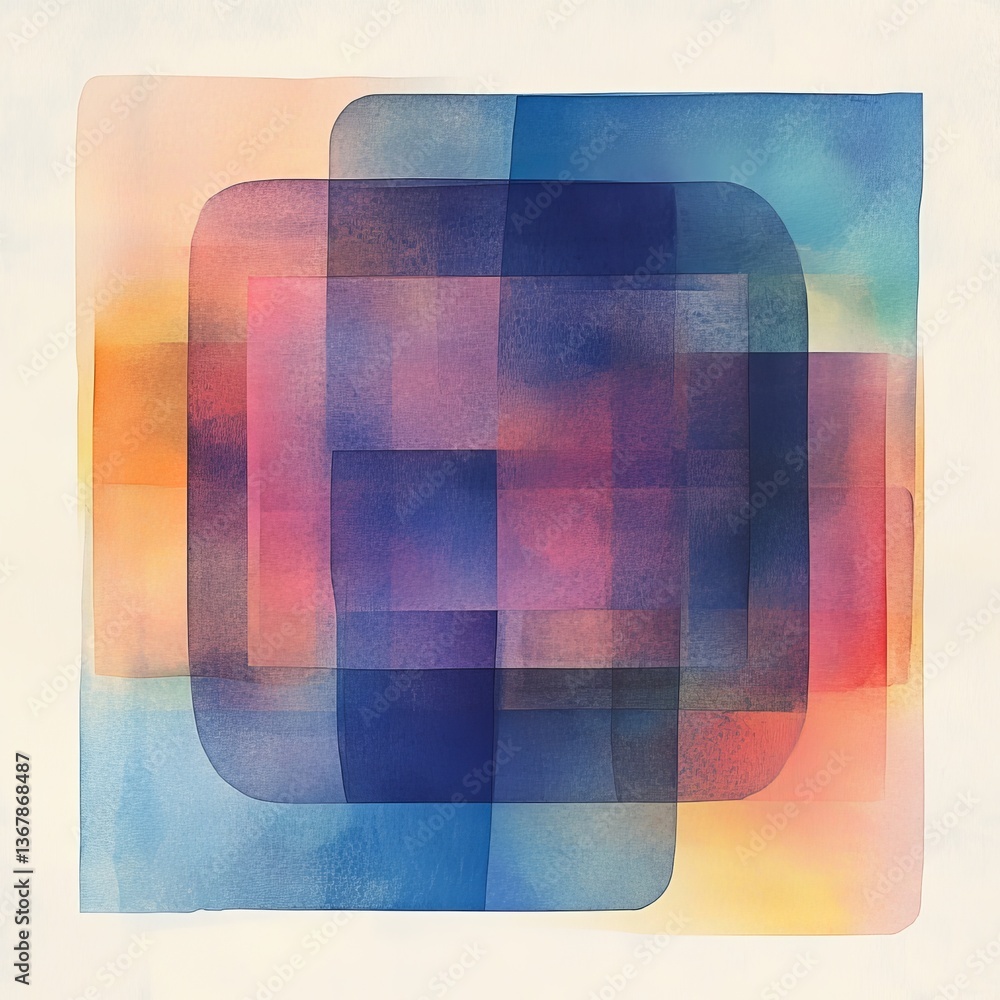 Aufkleber Overlapping Geometry: An Abstract Watercolor Composition of Squares and Rounded Forms