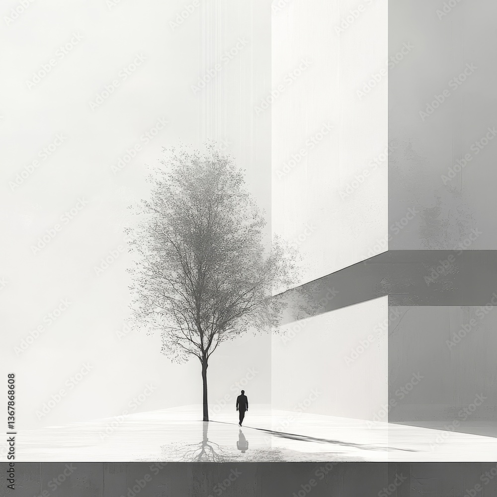Poster solitary journey: a figure amidst modern architecture and a stark, bare tree, reflecting on a minima