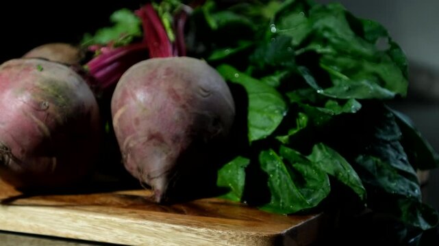 Close-up of fresh beets with leafy green tops resting on a wooden cutting board. The beets display a rich purplish-red hue and slightly rough texture, while the crisp green leaves add contrast and fre