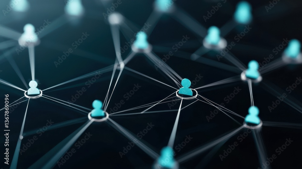 Poster abstract network visualization with interconnected people icons on dark background, representing dig