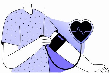 An illustration showing a person measuring blood pressure with a device, accompanied by a heart symbol and an ECG line.