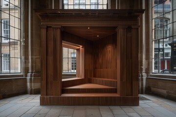 A modern wooden structure with intricate designs, set in a spacious room featuring large windows, creating a unique architectural focal point.