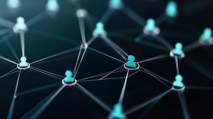 Abstract network visualization with interconnected people icons on dark background, representing digital communication.