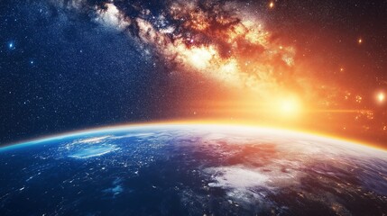 Fototapeta premium Milky Way rising above Earth's horizon, astronaut gear in foreground, showcasing cosmic wonder.