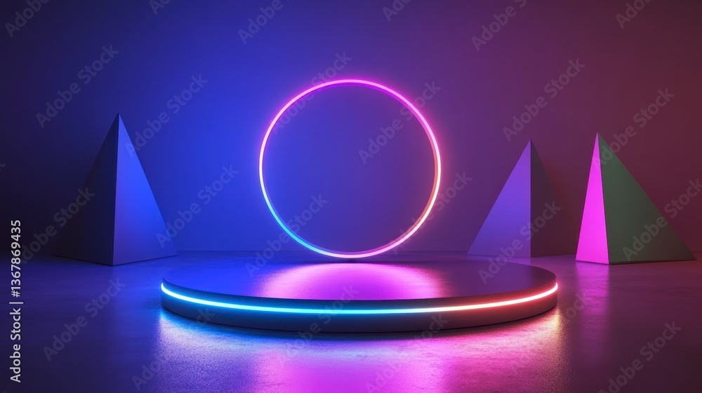 Poster Neon circle and pyramids illuminate a circular platform in a dark room.