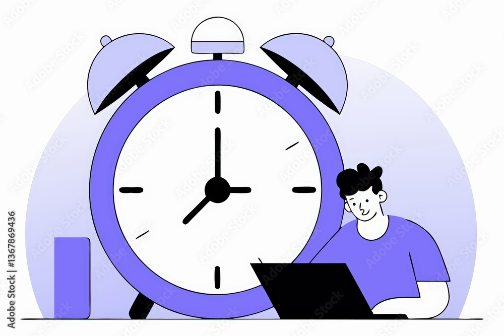 Poster a person working on a laptop with a large clock in the background, emphasizing time management and p