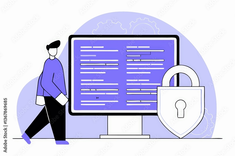 Poster a digital illustration of a person walking next to a computer screen displaying code, with a padlock