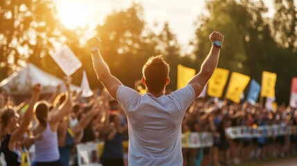 A marathon runner crosses the finish line in triumph, arms lifted in victory as a cheering crowd celebrates. The golden sunlight casts a warm glow on this achievement