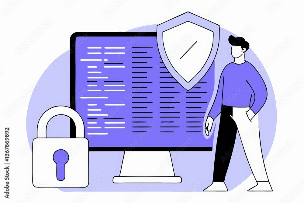 Poster a digital illustration showing a person beside a computer with code, a shield, and a padlock, symbol