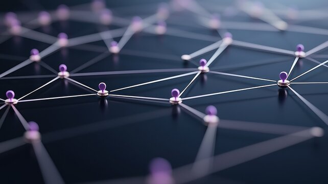 Abstract network with connected nodes on dark surface symbolizing data communication and digital connection.