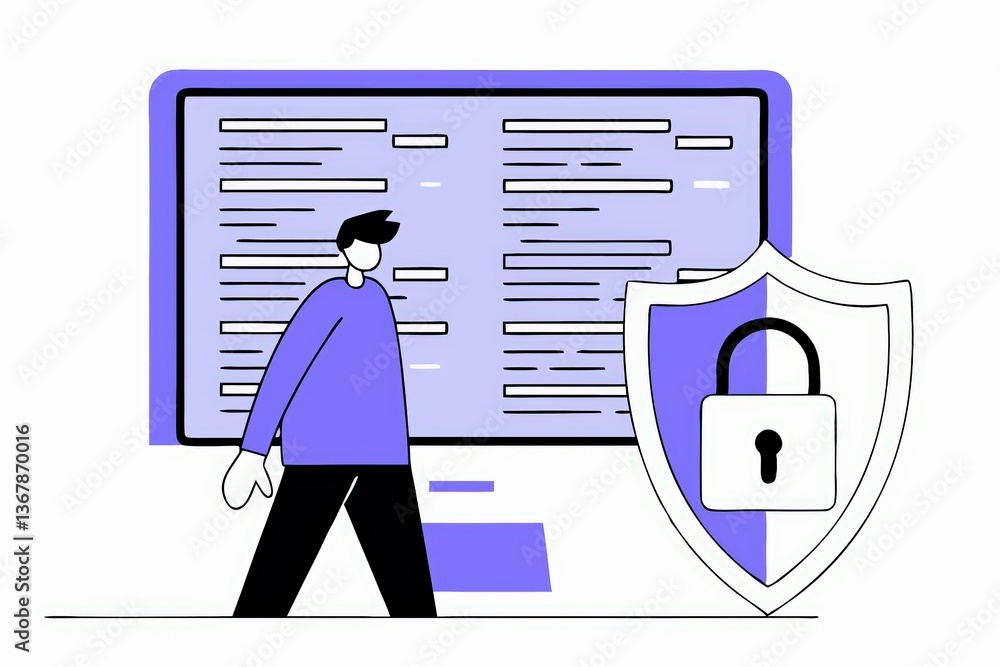 Poster a digital illustration showing a person walking past a computer screen with code, accompanied by a s