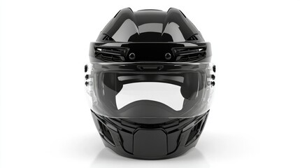 Glossy Black Motorcycle Helmet with Clear Visor Isolated on White Background