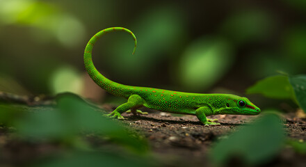 Fototapeta premium Vibrant Green Gecko Displays Unique Tail Curl in Lush Natural Environment