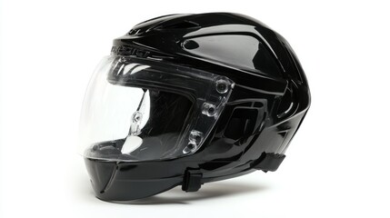Glossy Black Motorcycle Helmet with Clear Visor Isolated on White Background