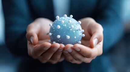 Hands holding a microscopic model of a virus symbolizing medical research and the importance of prevention in addressing global pandemic outbreaks and health crises