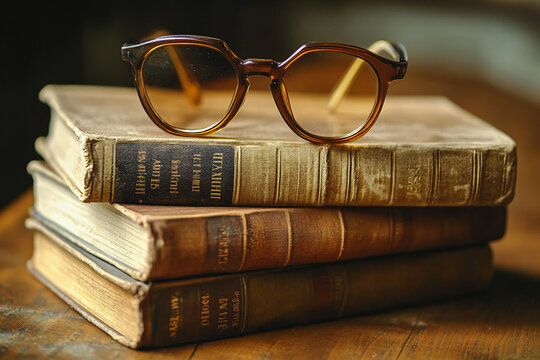 Brown eyeglasses rest on a stack of antique books, conveying a sense of old-fashioned learning and scholarly pursuits, ideal for education or history themes.