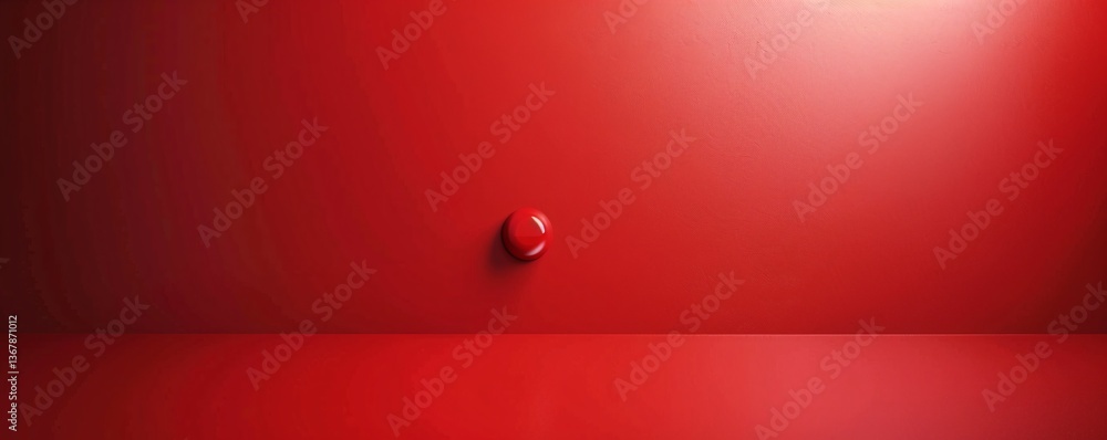 Poster lone red button creating a shadow on a crimson wall in a vacant room