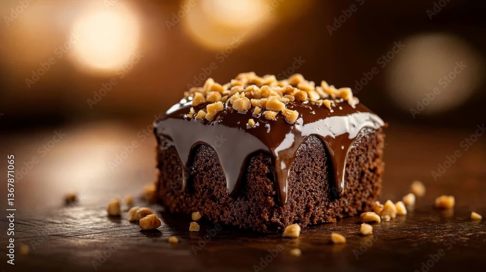 Poster a dense chocolate cake sits on a dark wooden surface, adorned with a generous sprinkle of roasted nu