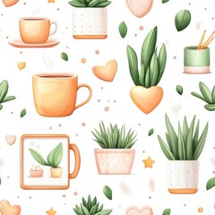 Seamless pattern with Cute Plant Pots and Coffee Mugs