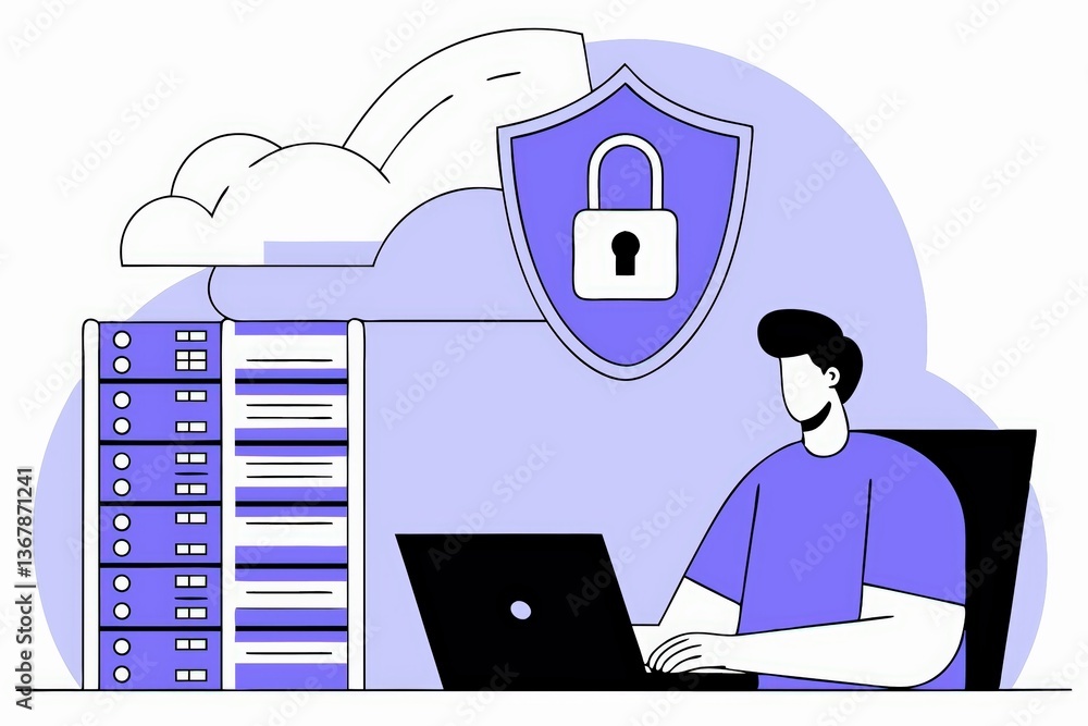 Poster a digital illustration showing a person working on a laptop with cloud storage and a security shield