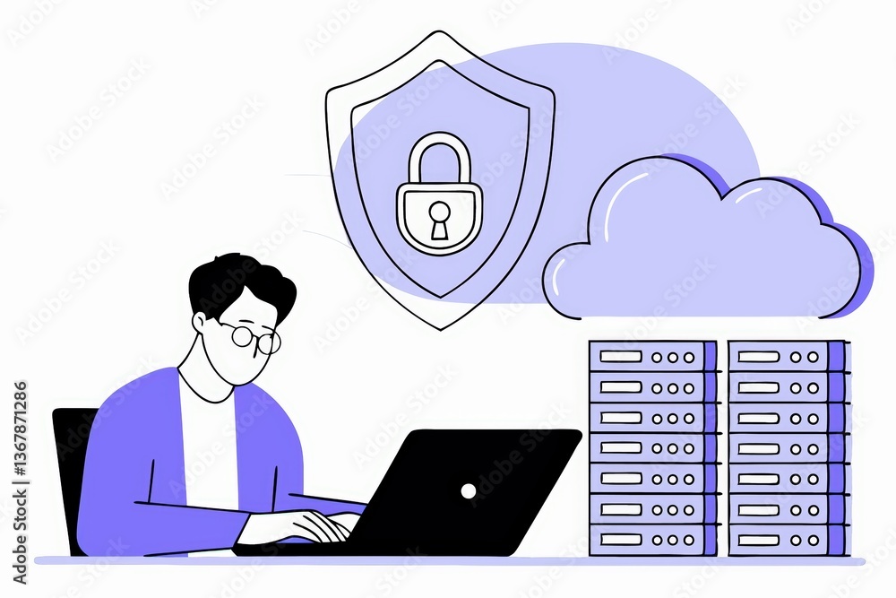 Aufkleber a person working on a laptop with cloud storage and security icons, emphasizing cybersecurity and da