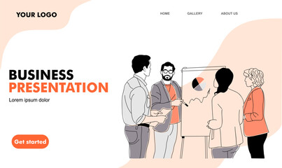 Business education, training, coaching concept landing page. Website template with business man doing presentation. Flat graphic outline sketch vector illustration.