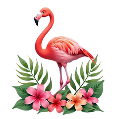Obraz premium Pink-Flamingo-Tropical-Flowers-Floral-Design-Bird-Art-Illustration