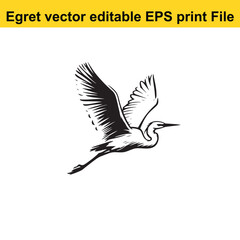 Vector Egret or Heron, standing and flyind