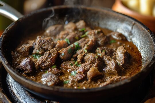 A sizzling skillet of kebda mchermla with spiced liver stew