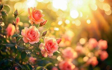 Garden of beautiful pink roses with sun flares. Mother’s Day concept. Romantic details.