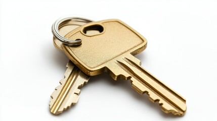 Pair of Classic Brass Keys Attached to a Sleek Keyring Isolated on White Background