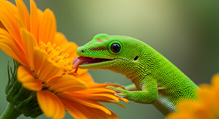 Vibrant Green Gecko Sipping Nectar from Bright Orange Flower Blossom Close Up