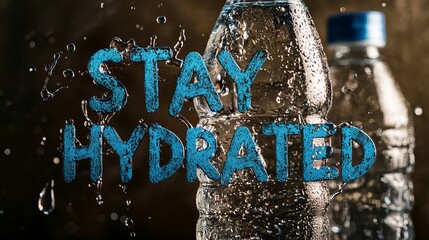 Two water bottles with refreshing splashes, emphasizing the importance of hydration with artistic lettering.