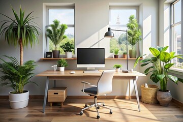 Modern Office Desk Setup: Plants, Computer, Productivity Workspace