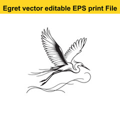 Vector Egret or Heron, standing and flyind