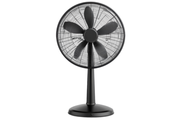 A sleek black desk fan offering a refreshing breeze on a hot summer day, its five blades spinning silently against a clean white background.