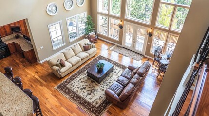 A high angle view showing a large living room area