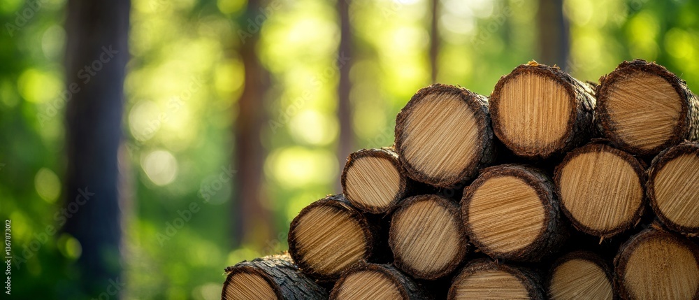 Poster pile of wood logs in forest with bokeh background tree trunks