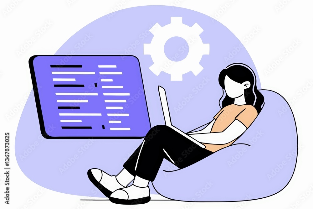 Poster a person sitting comfortably, working on a laptop, with code displayed on the screen and a gear icon