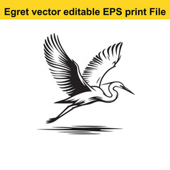 Vector Egret or Heron, standing and flyind