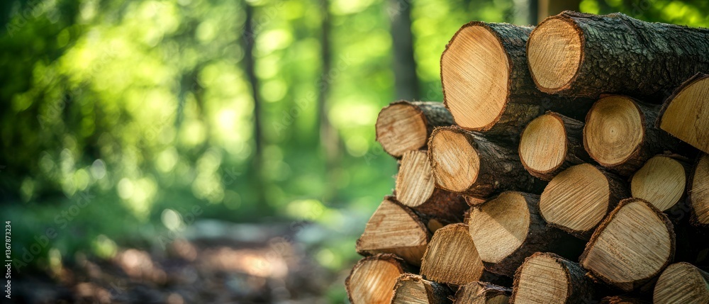 Aufkleber pile of logs in forest clearing with green bokeh background