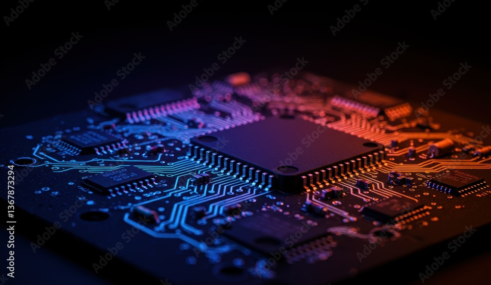 Poster close-up of circuit board with microchip and intricate design illuminated by blue and orange lights,