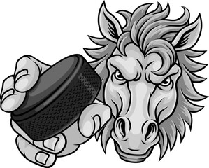 Horse mustang bronco stallion ice hockey angry sports team mascot holding a puck.