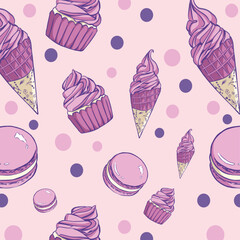 seamless background sweet purple,cupcakes,ice cream,macaron