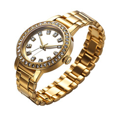 Womens Chic Gold Toned Diamond Dial Watch Isolated on Transparent Background