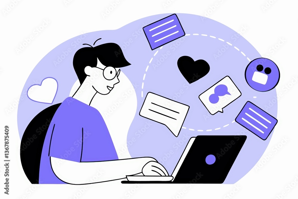 Poster a person is using a laptop, surrounded by icons representing messaging and connections, conveying th