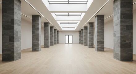 Fototapeta premium Light floods a spacious minimalist gallery interior featuring sleek gray stone pillars and light wood flooring creating a serene and sophisticated atmosphere ideal for design 