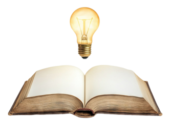 Open book with glowing lightbulb above, isolated on transparent cutout background