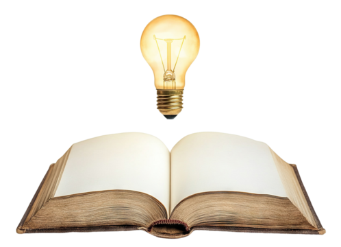 Open book with glowing lightbulb above, isolated on transparent cutout background