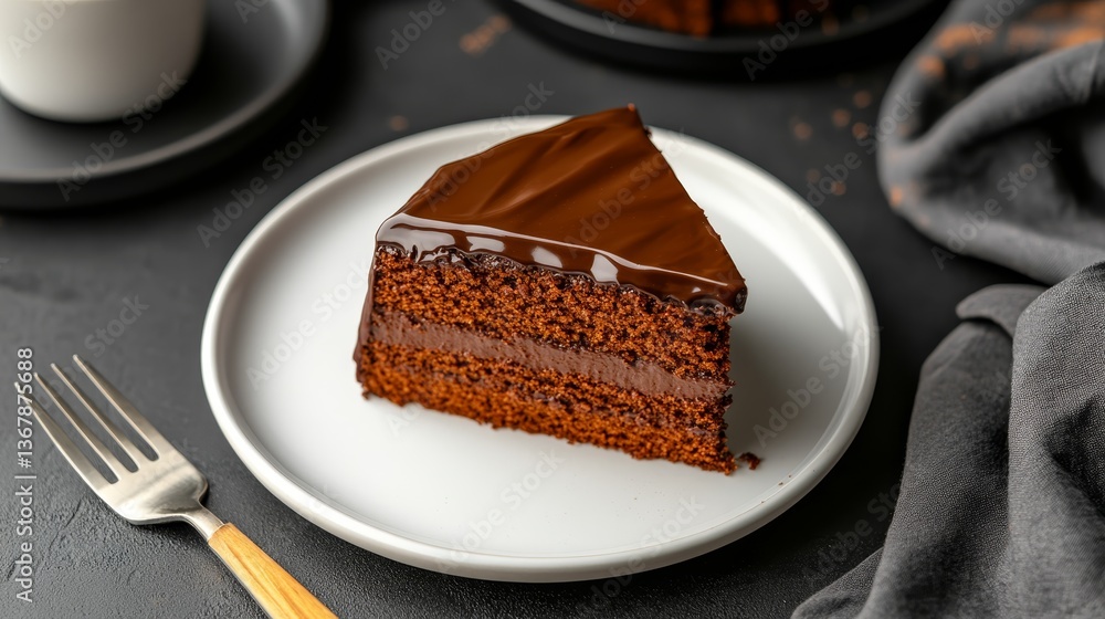 Poster a rich slice of chocolate fudge cake with glossy ganache is elegantly displayed on a white plate alo